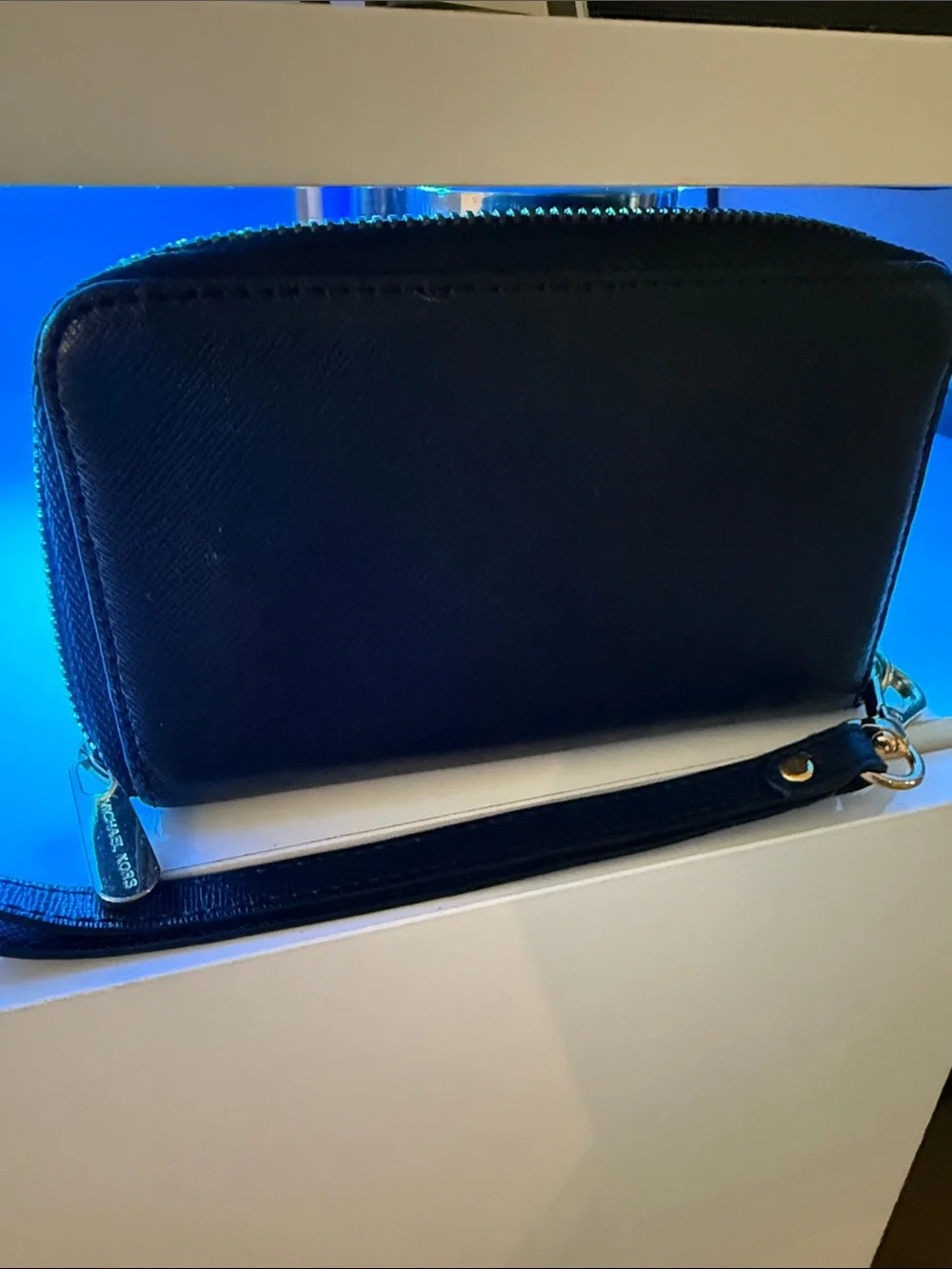 Michael Kors Black Saffiano Leather Zip Wristlet with Gold Plaque